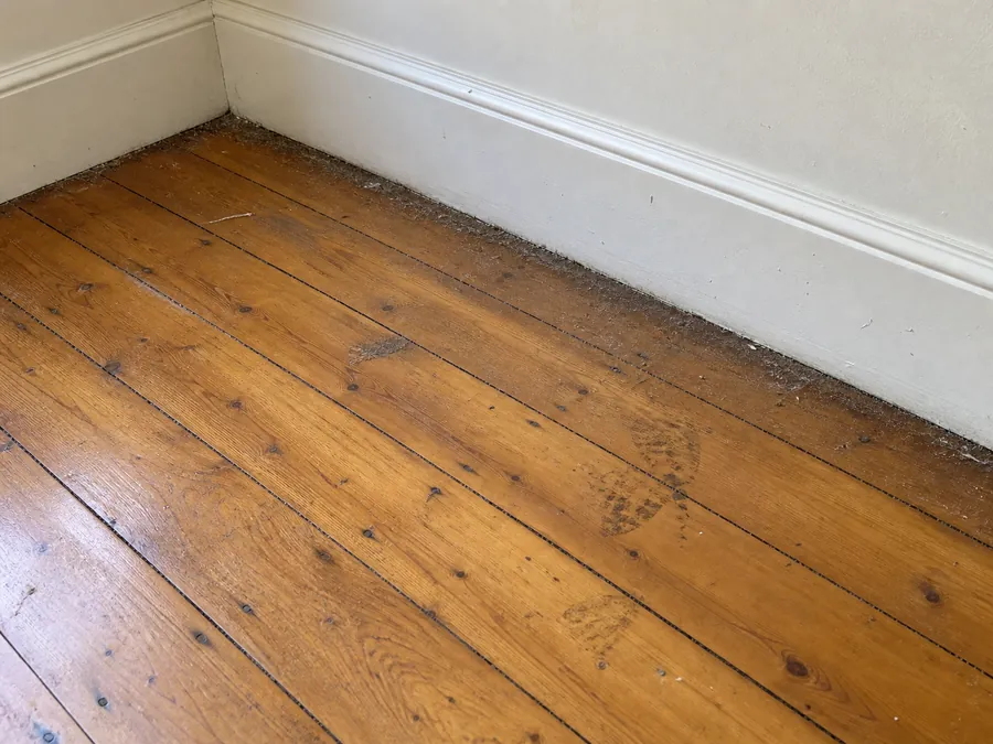 Dusty hoop pine floor before a professional bond clean in Brisbane